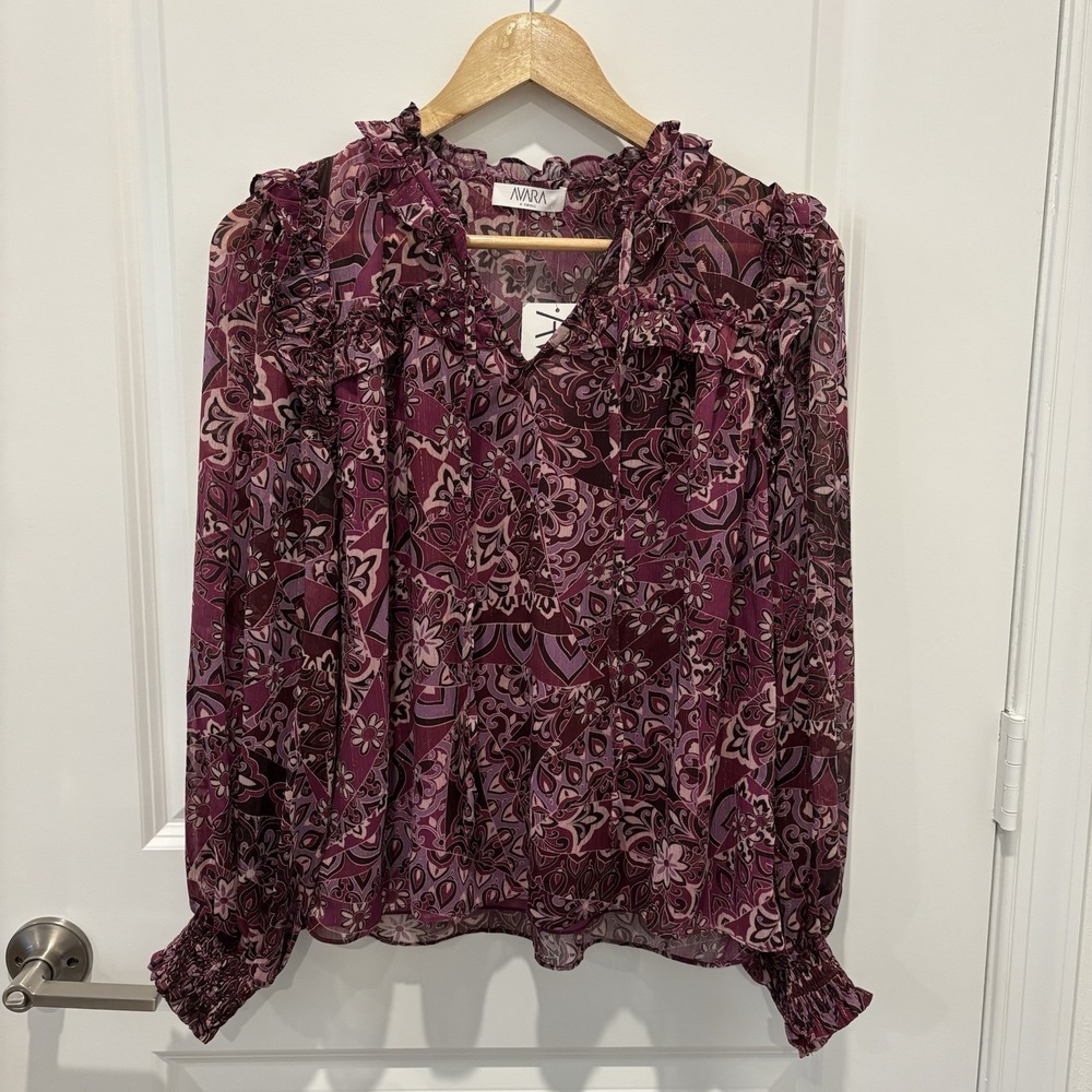 NWT AVARA Mauve Tones Long Puff Sleeve Blouse Top Size XS Boho
